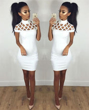 New Fashion Womens Sexy Hollow Out High Neck Dress Ladies Bodycon Slim Short Sleeve Evening Party Pencil Mini Dress