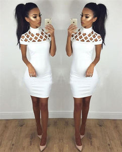 New Fashion Womens Sexy Hollow Out High Neck Dress Ladies Bodycon Slim Short Sleeve Evening Party Pencil Mini Dress