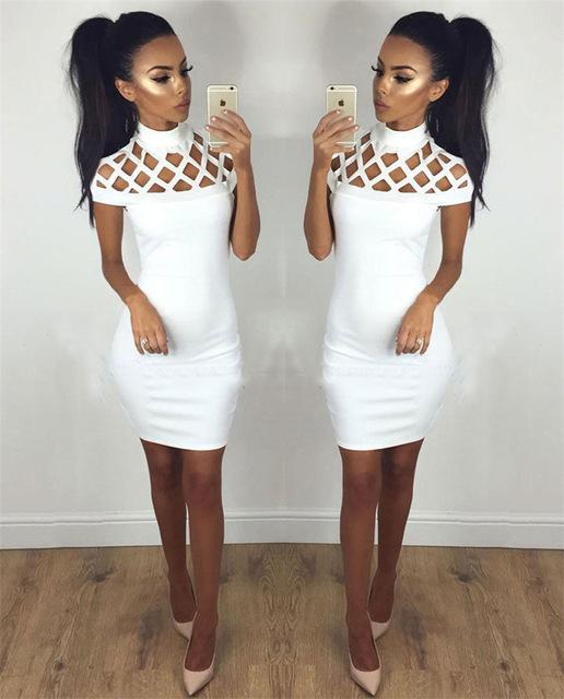 New Fashion Womens Sexy Hollow Out High Neck Dress Ladies Bodycon Slim Short Sleeve Evening Party Pencil Mini Dress