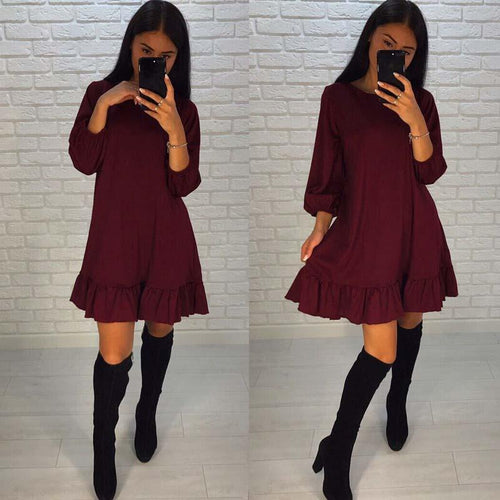 Spring 2018 Lady Solid Color Loose Dress Women O-neck 3/4 Lantern Sleeve Hem Ruffles Casual Dress Mini Vestidos