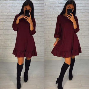 Spring 2018 Lady Solid Color Loose Dress Women O-neck 3/4 Lantern Sleeve Hem Ruffles Casual Dress Mini Vestidos
