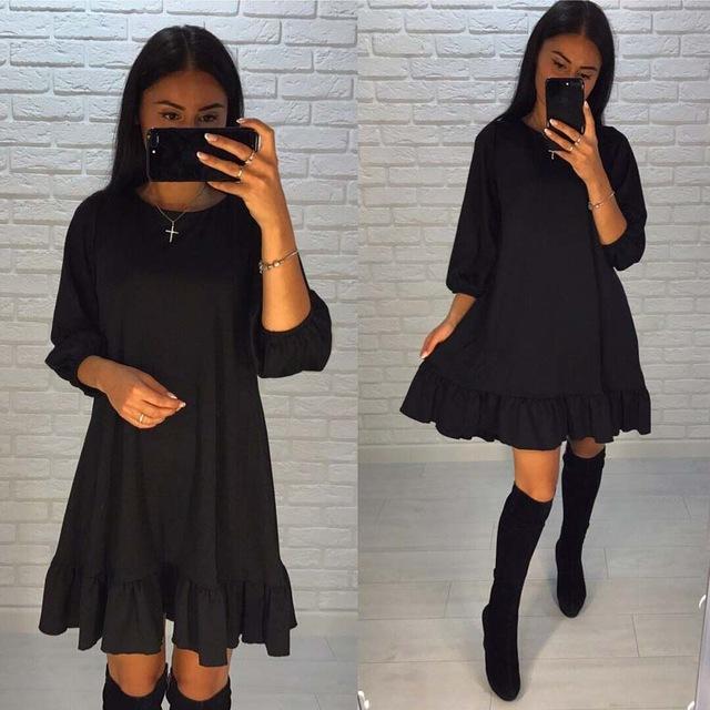 Spring 2018 Lady Solid Color Loose Dress Women O-neck 3/4 Lantern Sleeve Hem Ruffles Casual Dress Mini Vestidos