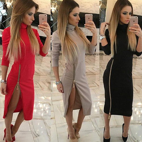 DICLOUD High Neck Spring Autumn Women Casual Dress Side Zipper Up Split Sexy Party Dresses Long Sleeve Straight Vestidos S-XL